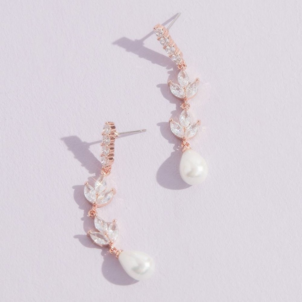 David's Bridal Galina Signature leafy crystal and faux pearl droplet earrings